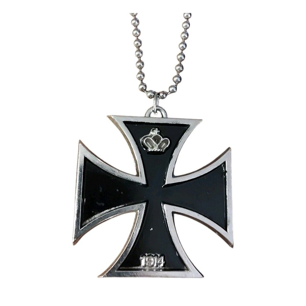 VTG Style 1914 Iron Cross & Crown Pendant 20" Necklace Bead Chain Signed Japan